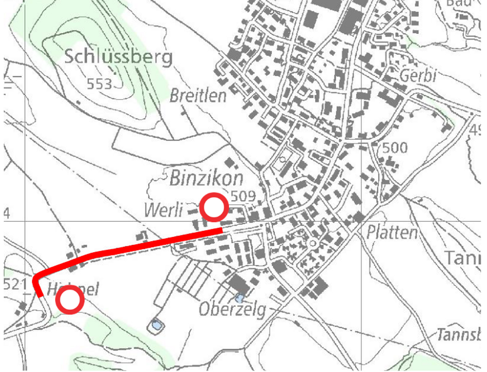 Karte, auf der mit Rot der gesperrte Strassenabschnitt auf der Binzikerstrasse eingezeichnet ist.